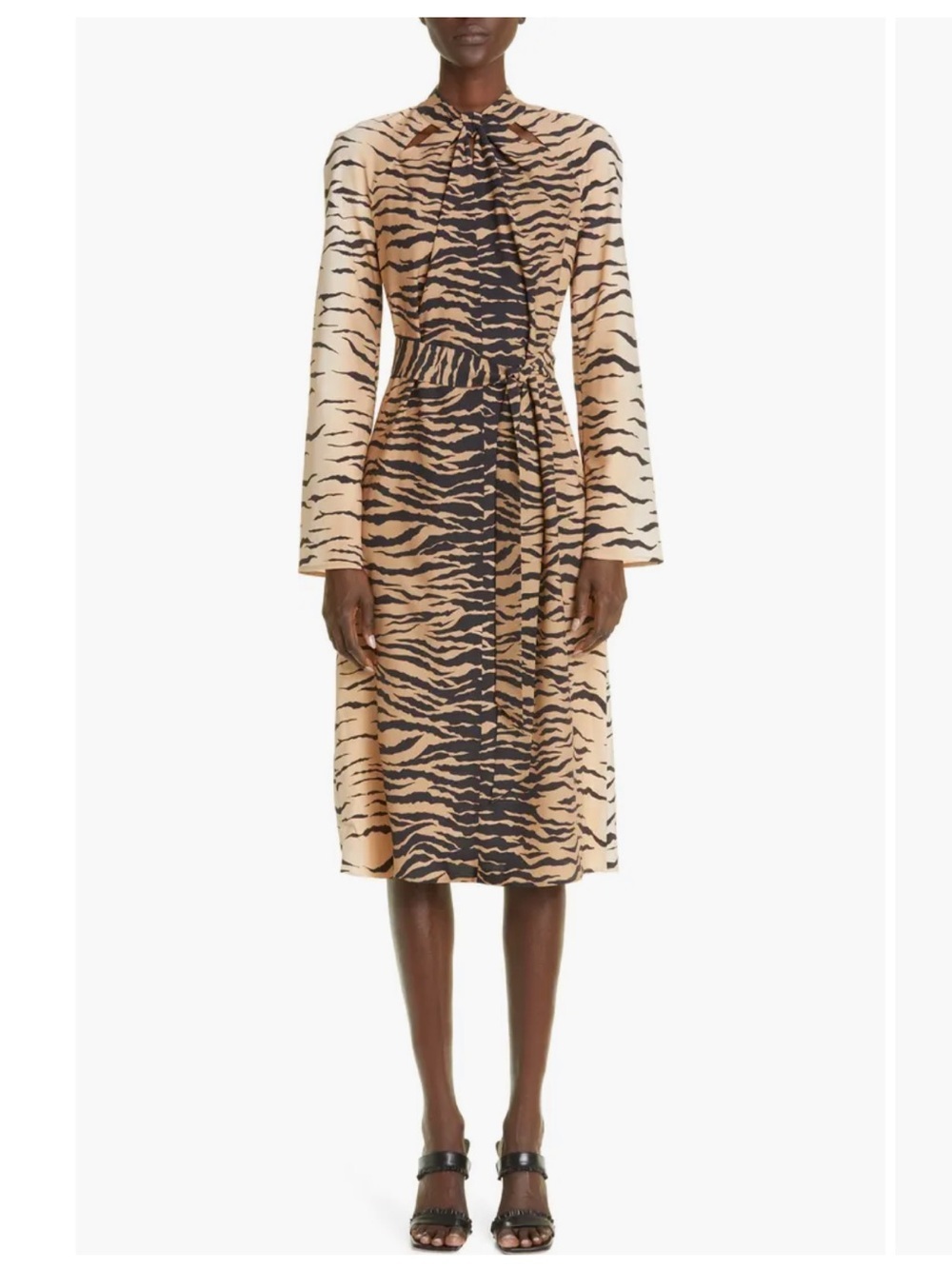 St. John Tiger Print Keyhole Long Sleeve Silk Blend Midi Dress
